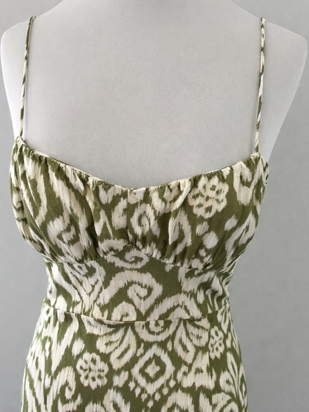 Zara Green Corset Midi Dress Slit Tie Back Abstract Print L - Picture 2 of 6